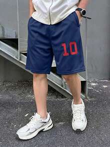 1pc Tween Boys' Comfortable Football & Outdoor Sports Style Shorts, Popular Spring/Summer Item - Blue - View 3
