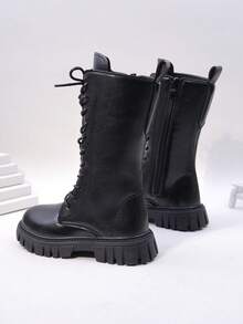Girls' Black Lace-Up High-Top Boots, Side Zipper Thick Sole Anti-Slip Mid-Calf Boots For Autumn/Winter - Black - View 6