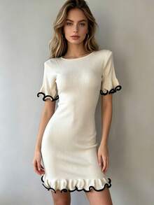 2026 New Short Sleeve Ruffle Knit Dress, Slim Fit, Solid Color, Summer Clothes For Women. - Apricot - View 3