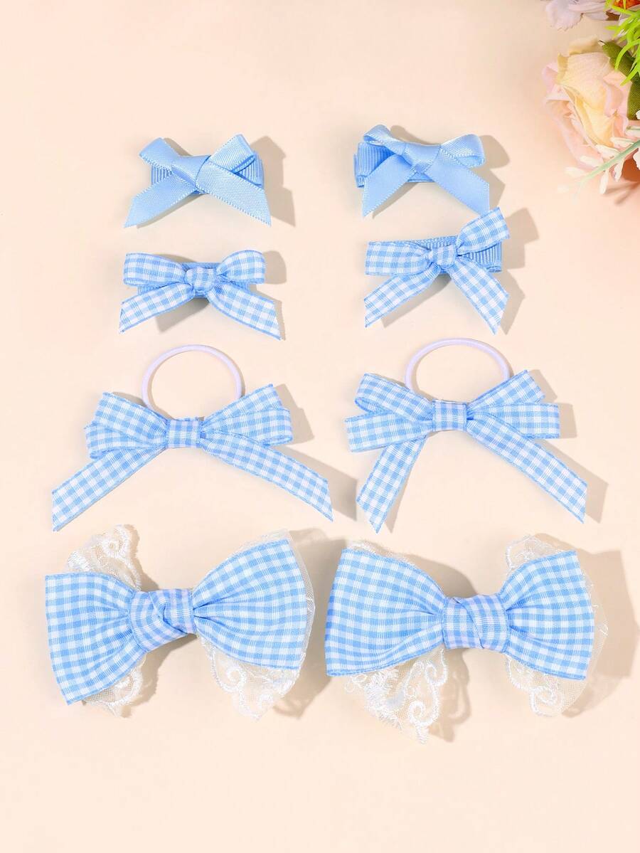 8pcs Blue Plaid Women's Bow Hair Clips, Solid Color Bow Hair Clips, Plaid Headbands, Cute Picnic Daily Matching Hair Accessories For Women - Blue - View 1