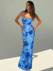 Elegant Women's Dress With Floral Print And Open Back, Summer Clothes, Beach Outfits For Women, Beach Vacation Clothes, Party Outfits, Bridesmaids - 藍色 - 查看 5