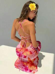 Elegant Women's Dress With Floral Print And Open Back, Summer Clothes, Beach Outfits For Women, Beach Vacation Clothes, Party Outfits, Bridesmaids - 玫瑰紅 - 查看 3