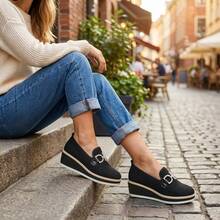 Women's Colorblock Wedge Slip-On Loafers, Rhinestone Letter Buckle Decor, Solid Color No Print, Round Toe Low-Top Strap-Free, Layered Wedge Heel, Commuter Mature Style, Spring/Autumn Daily Work & Travel Black, Suede Fabric Material, Slouchy Wedge Shoes - Black - View 5