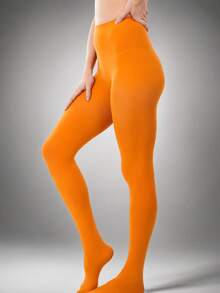 Women's Orange Opaque Stirrup Tights, High Waist Stretch Pantyhose For Costumes, Dance & Colorful Outfits - Multicolor - View 7