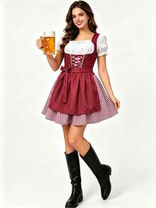 Carnival German Beer Festival Costume Munich Bavarian Dirndl Maid Dress Pastoral Farm Dress Red Fall - Red - View 6
