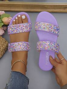 Women's Summer Two Strap Glitter Rhinestone Slide Sandals, Light Purple Sequin Flat Open Toe Slippers, Soft Sole Comfortable Slouchy Beach Vacation Party Casual Versatile Outdoor Sandals - Lilac Colored Shells - View 1