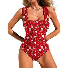 Women's Swimsuits Square Neck Tummy Control Bathing Suit With Adjustable Ruffled Straps Swimwear - Red Floral - View 1