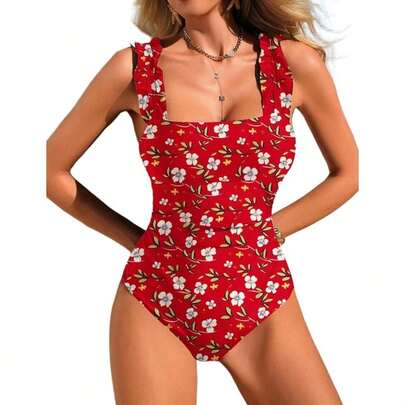 Traje de baño para mujer con cuello cuadrado, control de abdomen y tirantes ajustables con volantes