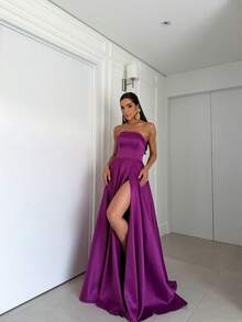 Elegant Strapless Long Party Dress With Built-In Bra Cups And A Full Skirt. - 紫色 - 查看 2