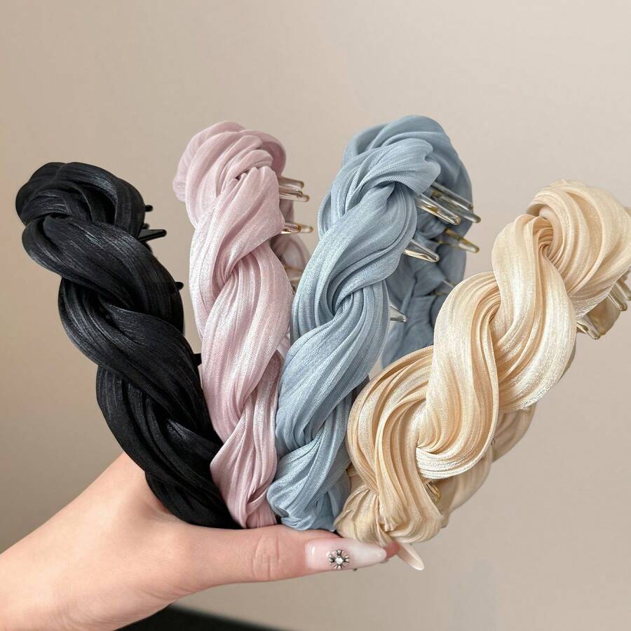 Women's Elegant Solid Color Satin Cross Mesh Toothed Comb Headband, Fluffy High Crown Hair Clip Daily Wear Anti-Slip Headband Hair Accessory, Face Washing Makeup Hair Pressing Headpiece, Suitable For Daily Wear, Gift For Women - Multicolor - View 1