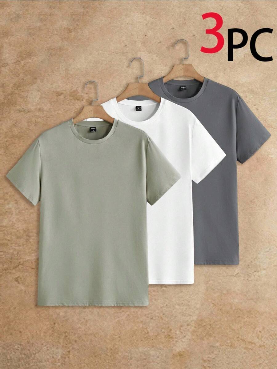 Manfinity VCAY 3-Pack Men's Casual Short Sleeve Crew Neck Solid Color Slim Fit T-Shirts - Blanco - View 1