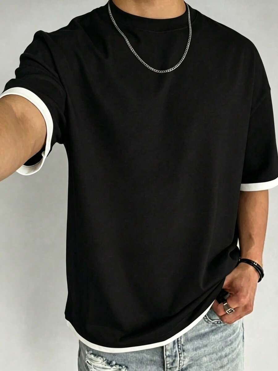 Versatile And Fashionable Men's Summer T-Shirt, 2-In-1 Design With Contrasting Colors, Regular Crew Neck, Breathable Knit Fabric, Suitable For Everyday Wear - Black - View 1