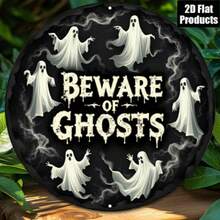 2D Flat Ghost Pattern Round Wooden Decorative Sign, Waterproof & Durable, Halloween Party Scene Decor, Printed With Cute Ghost Text, Home Office Bar Multi-Holiday Hanging Ornament - Black - View 3