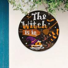 2D Flat Indoor Witch Text Round Wooden Sign, Waterproof & Durable Halloween Party Scene Decor, Witch Hat Broom Pumpkin Lantern Garage Window Home Hanging Ornament - Dark Grey - View 3