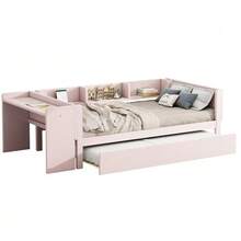 Flat Bed 90 X 200 Cm With Pull-Out Bed, Integrated Desk And Three Side Shelves, Pink. - 粉色 - 查看 1