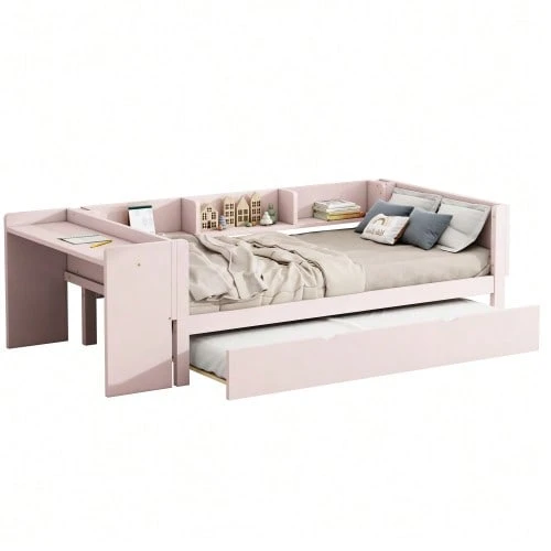 Flat Bed 90 X 200 Cm With Pull-Out Bed, Integrated Desk And Three Side Shelves, Pink. - 粉色 - 查看 1