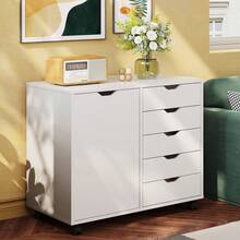 梳妆台 5 抽屉木柜，适用于家庭办公室，带门、移动储物柜和打印机支架，白色抽屉整理器，返校旅行必需品房间装饰 - 白色 - 查看 10