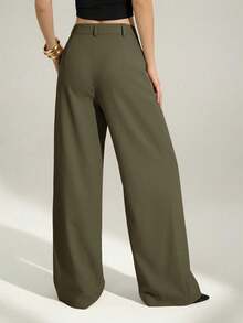 Tall Pantalones anchos de cintura alta plisados de estilo empresarial sexy y casual - Pantalones sueltos de unicolor elegante, ropa profesional de oficina, pantalones de trabajo con co - Verde militar - Ver 1