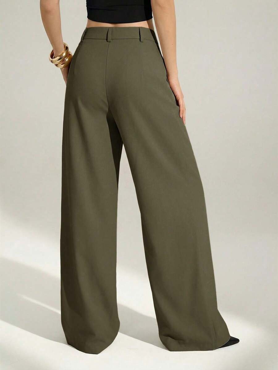 Tall Pantalones anchos de cintura alta plisados de estilo empresarial sexy y casual - Pantalones sueltos de unicolor elegante, ropa profesional de oficina, pantalones de trabajo con co - Verde militar - Ver 1