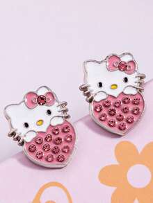 SANRIO 1 Pair Fashionable Hot-Selling Hello Kitty Rhinestone Inlaid Heart-Shaped Cute Earrings, Can Be Given As A Gift To Best Friends, Can Be Worn With Beautiful Clothes For Daily Wear - Pink - View 1