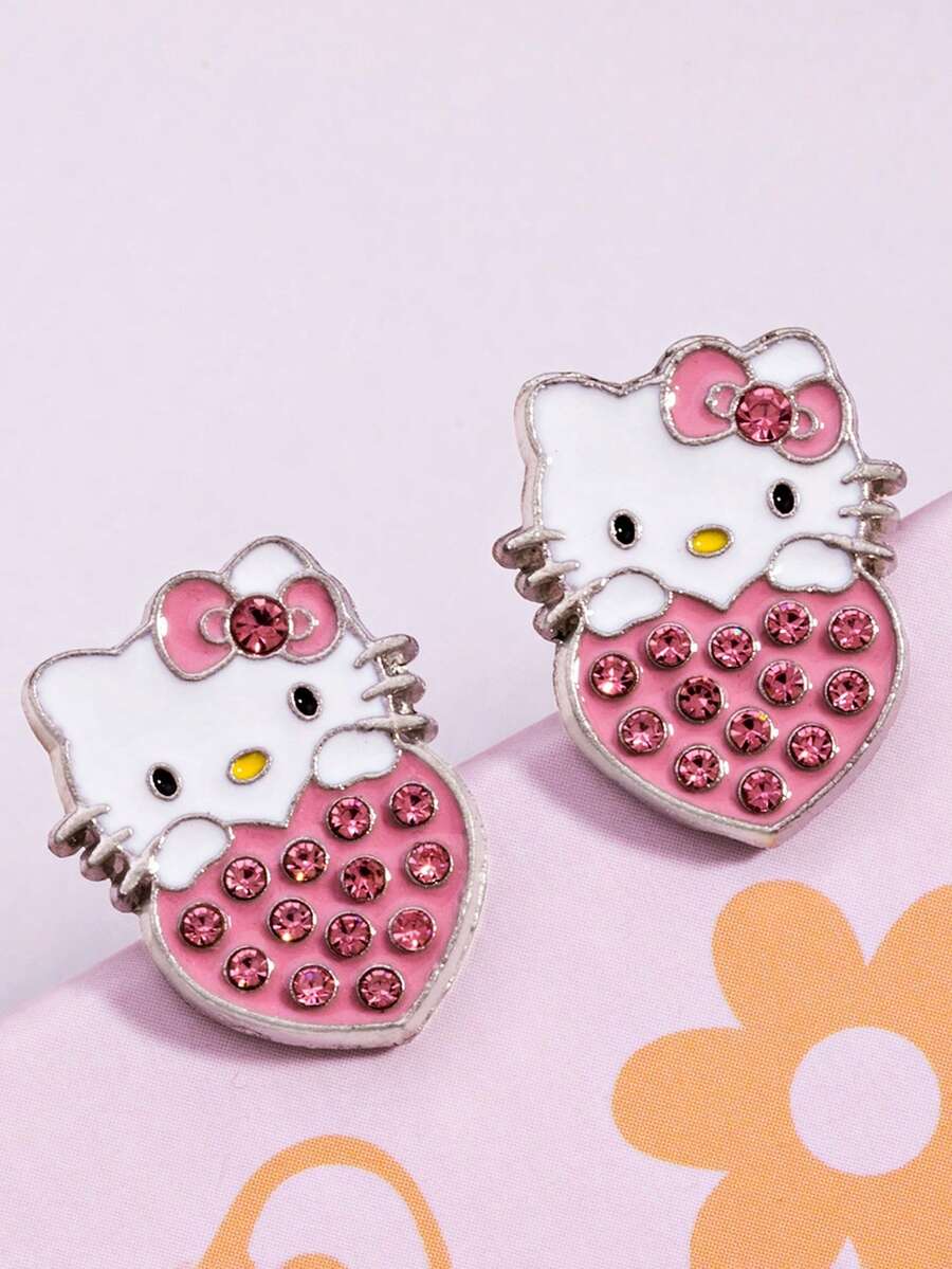 SANRIO 1 Pair Fashionable Hot-Selling Hello Kitty Rhinestone Inlaid Heart-Shaped Cute Earrings, Can Be Given As A Gift To Best Friends, Can Be Worn With Beautiful Clothes For Daily Wear - Pink - View 1