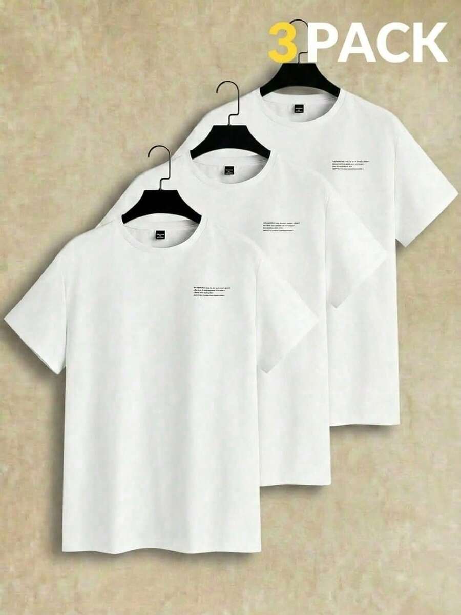 Manfinity VCAY Set Of 3 Short Sleeve T-Shirts With Round Neck And Basic Casual Front Print, Summer T-Shirt - Blanco - View 1