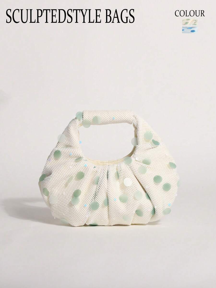 SCULPTEDSTYLE BAGS 1件薄荷綠美人魚亮片雲朵手提包,奶油白亞麻底布拼接,時尚波點網格抓皺設計女款托特包,適合海灘度假,可搭配魚網肩帶洋裝與休閒度假穿搭(隨機花卉圖案) - 薄荷綠 - 查看 1