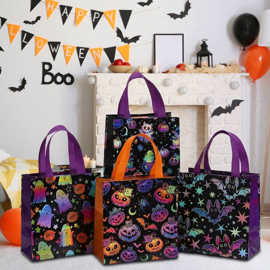 12/24PCS Halloween Series Non-Woven Tote Bags, Purple Black Laser Horror Ghost, Pumpkin Lantern, Bat Pattern Printed Reusable Gift Packaging Bags, Trick Or Treat Activity, Halloween, Birthday Party Decoration Gift Bags, Durable Holiday Celebration And Daily Item Storage Shopping Bags - 5801 - View 1