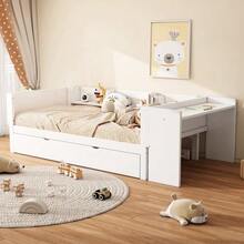Flat Bed 90 X 200 Cm With Pull-Out Bed, Integrated Desk And Three Side Shelves, Pink. - 白色 - 查看 5