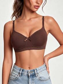 1pc Women's Comfortable Wireless Soft Cup Solid Color Cotton Sleep Bra - Coffee Brown - View 2