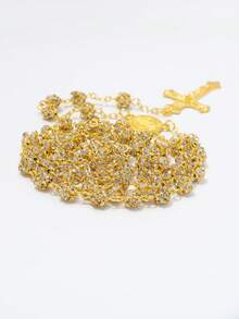 1pc Gold-Colored Beaded Rhinestone Cross Necklace, Versatile Hot-Selling High-End Women's Necklace, Gift For Family And Friends - Yellow Gold - View 6