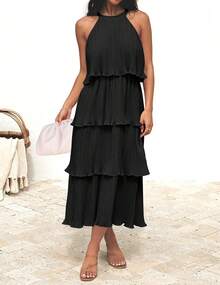 ZESICA Vestido Largo de Gasa para Mujer, 2023, sin Mangas, Cuello Halter, con Volantes, Escalonado, con Vuelo, de Verano - Morado - Ver 4