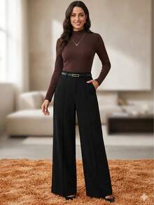 Elegant Women's Winter 2-Piece Set With High-Neck Long-Sleeve Bodysuit And Tailored Trousers + Belt - Winter Fashion - B 棕色黑色褲子 - 查看 4