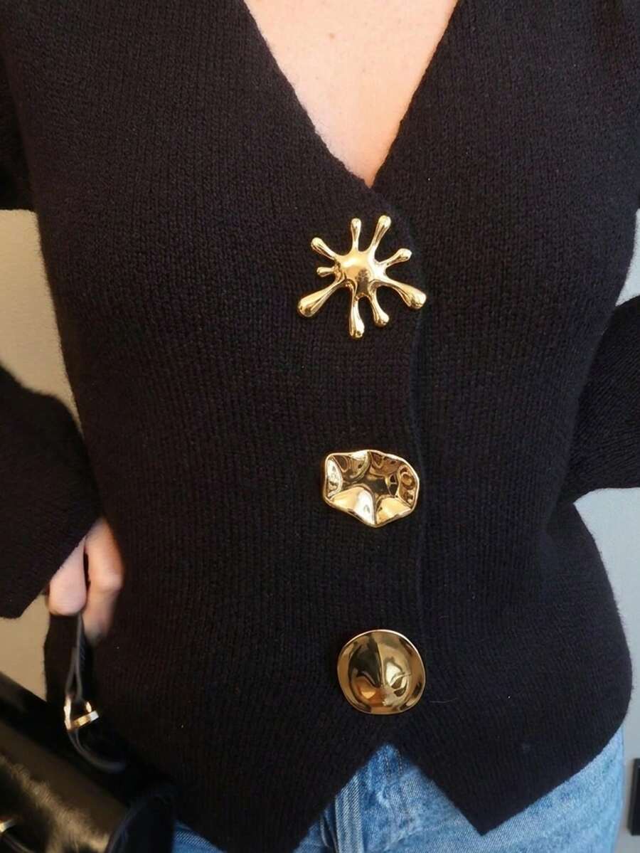 3pcs Stainless Steel 18K Gold Plated High Color Retention Asymmetrical Liquid Brooch Lapel Pin Set - Gold - View 1