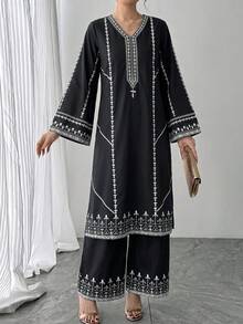 2pcs Women's Set, Black Placement Print Crafted V-Neck Pullover Top + Elastic Waist Skirt, Elegant Luxury Arabic Style Outfit, Suitable For Birthday, Formal Evening, Party, Date, New Year And Other Occasions - Black - View 9
