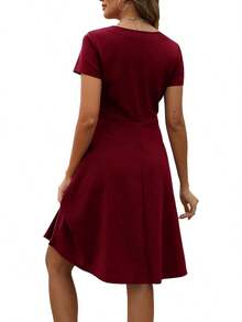 Vestido Elegante Vintage para Mujer HELYO, Cuello Corazón, Manga Corta, Casual, para Trabajo o Fiesta, Corte en A, con Bolsillos 163 - Burdeos - Ver 2