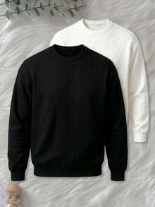 Men's Embossed Diamond Quilted Crew Neck Sweatshirt, Heavyweight Embossed Loose Fit Long Sleeve Pullover, Solid Color Versatile Casual Top - Black - View 3