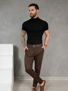Men's Smart Casual Trousers, Premium Satin Fabric, Tailored Style, Welt Pockets - 鏽棕色 - View 7