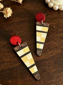1 Pair Vintage Plaid Colorblock Red Round Disc Patchwork Gradient Triangle Wooden Double Layer Earrings - Multicolor - View 6