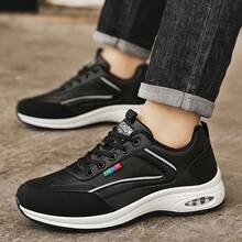 Men's Patchwork PU Leather Sneakers, Non-Slip Lace-Up Casual Sports Training Shoes, Suitable For Daily Outdoor Wear - Black - View 4