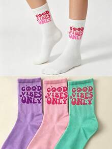 1/4雙卡通笑臉字母 GOOD VIBES ONLY 女款中筒襪 - 藍色 - 查看 6