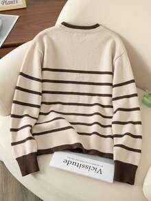 Autumn New Oatmeal Base Contrast Dark Brown Ribbed Crew Neck Knit Sweater, Collar, Easy To Pair With Bottoms For A Relaxed Daily Look. Fall - Apricot - View 3