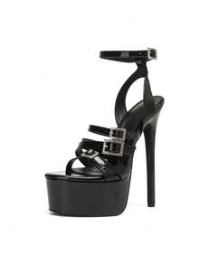 Sandal cao gót thời trang nữ mũi tròn đính đá khóa cài, gót nhọn 16cm siêu cao, hở mũi, đế platform, phong cách thanh lịch - màu đen - Xem 5