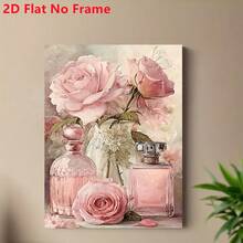 1 peça de tela sem moldura 2D plana, pintura artística de rosa cor-de-rosa e frasco de perfume, decoração de parede em tela, adequada para casa, escritório, sala de estar, quarto e café - presente perfeito para Halloween, Natal, estética vintage - C - Ver 1