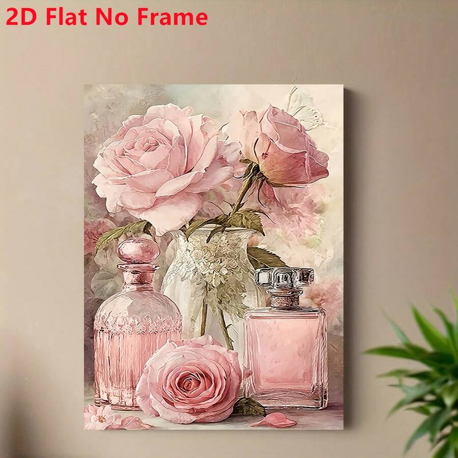 1 peça de tela sem moldura 2D plana, pintura artística de rosa cor-de-rosa e frasco de perfume, decoração de parede em tela, adequada para casa, escritório, sala de estar, quarto e café - presente perfeito para Halloween, Natal, estética vintage - C - Ver 1