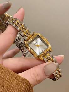 Jam Tangan Quartz Wanita Bentuk Oval dengan Dial Angka Arab, Gaya Mid-Century yang Modis, Cocok untuk Pemakaian Sehari-hari, Hadiah, dan Pesta - Perak Emas - View 2