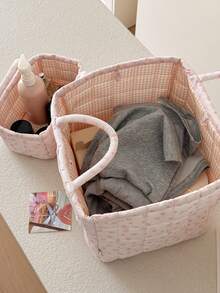 Rose Print Storage Basket With Dual Handles, Soft Quilted Floral Pattern With Pocket, Bedroom Clothes & Sundries, Clothing, Toys Organizer Storage Bin - Multicolor - View 4