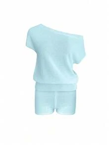 Women's Casual Beach Set - Solid Color Off-Shoulder Knit Top And Straight Leg Shorts, Suitable For Spring And Summer Wear - Blue - View 1