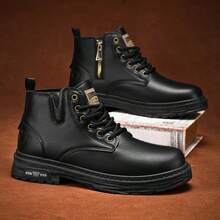 Men's Vintage Brown Side Zipper Snow Boots, High-Top Work Boots, Non-Slip PU Leather Ankle Boots, Suitable For Outdoor Daily Wear - Black - View 3