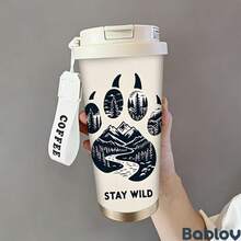 1/5個 18盎司不鏽鋼保溫咖啡隨行杯，Stay Wild 熊掌山林森林印花旅行杯，多功能翻蓋杯蓋附吸管，白色 COFFEE 掛繩，適合戶外露營愛好者的理想禮物，適用於徒步、辦公室與日常使用 - 熊爪 - 查看 5